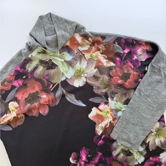 Zara W&B Floral Chiffon Sheer Front Gray Fine Knit Roll Neck Turtleneck Top L - Picture 5 of 10